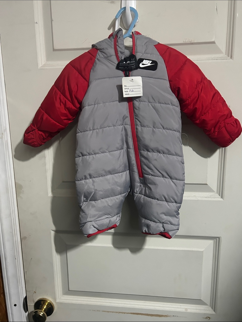 Nike Baby Puffer One-Piece Snowsuit in Gray and Red (OLIKB)